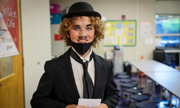 A student dressed as Charlie Chaplin